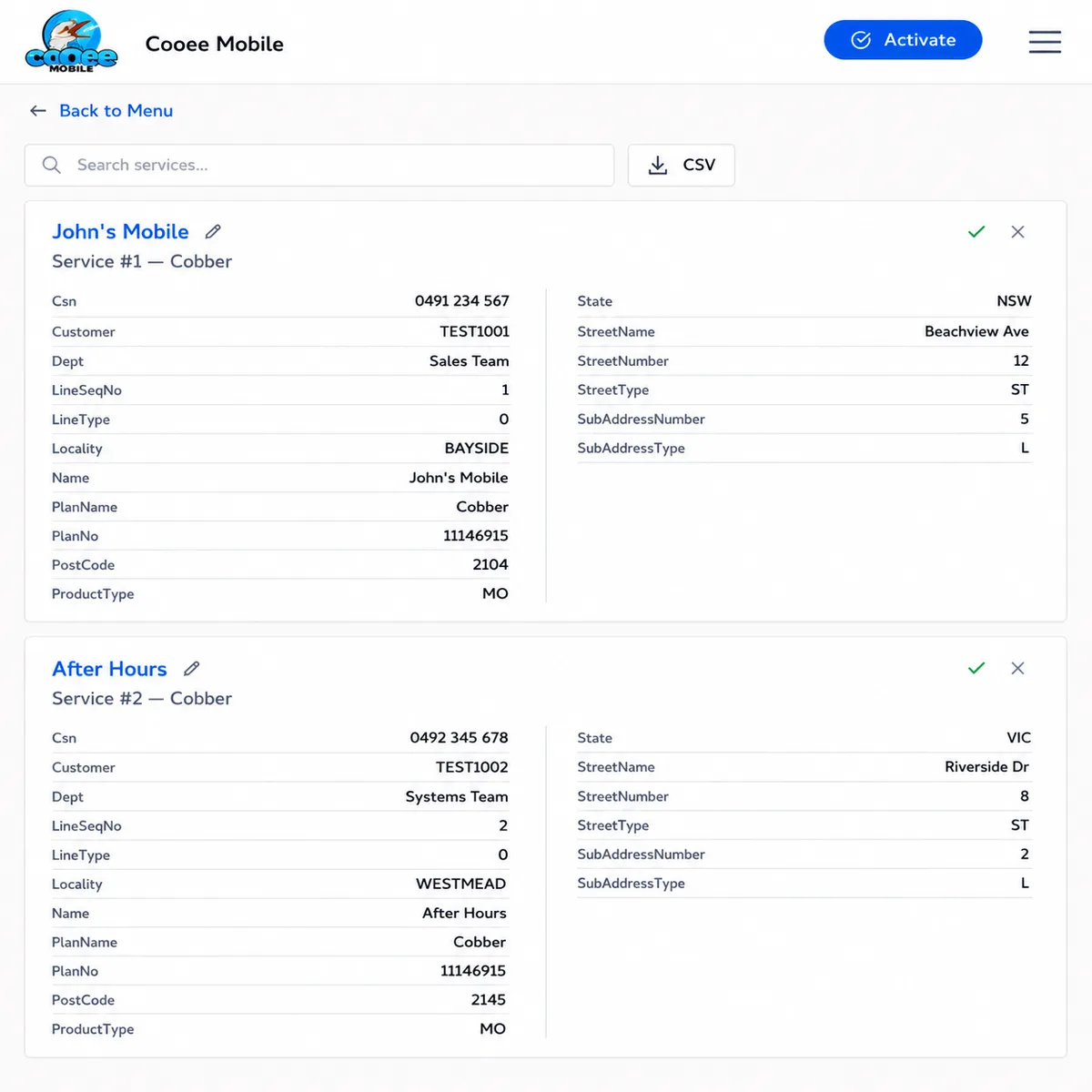 Cooee Mobile business dashboard showing searchable services, CSV export and labelled staff mobiles